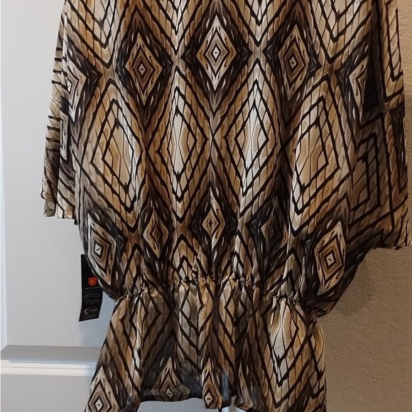 Unique Women's Short Sleeve Blouse Elastic Waist Brown/Black Size L. - Picture 2 of 9